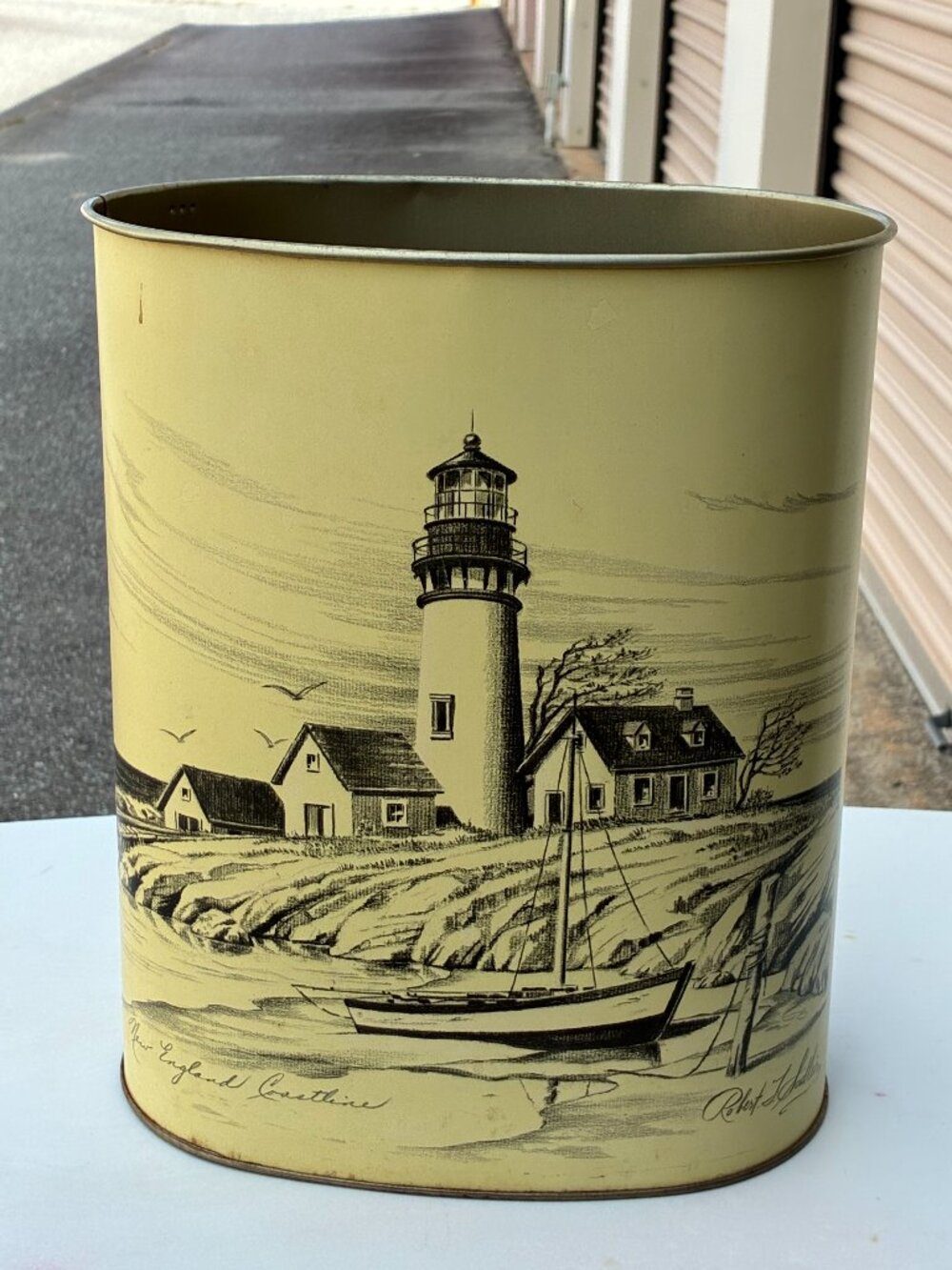 Cheinco Vintage 1960's Metal Waste Bin New England coastline